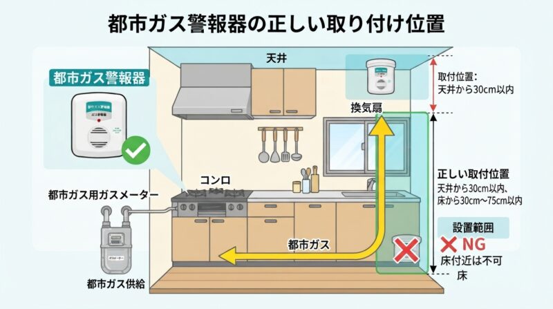 都市ガスのガス警報器取り付け位置