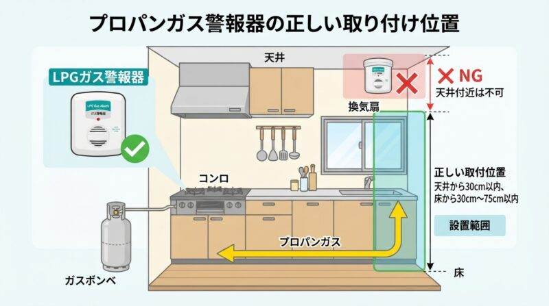 プロパンガスのガス警報器取り付け位置